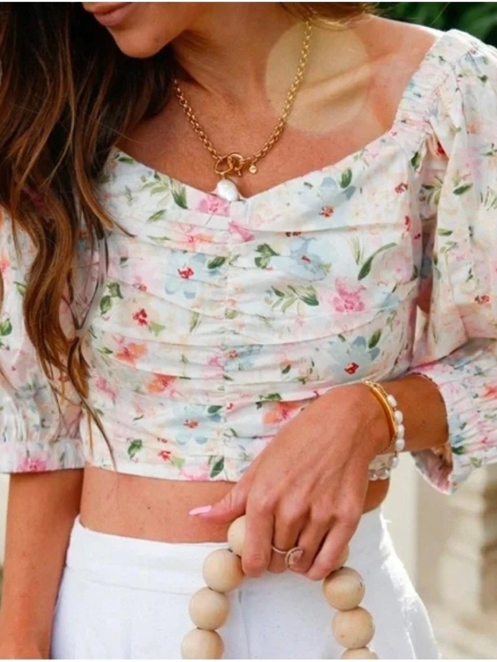 Floral Ruched Puff-Sleeve Crop Top - White/Pastel